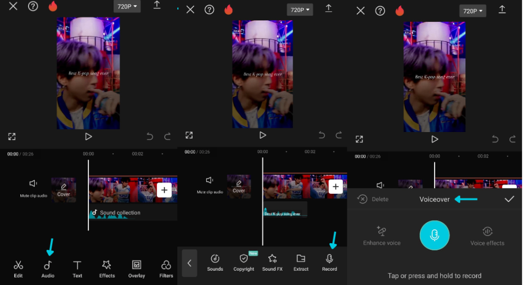 tap on audio then record